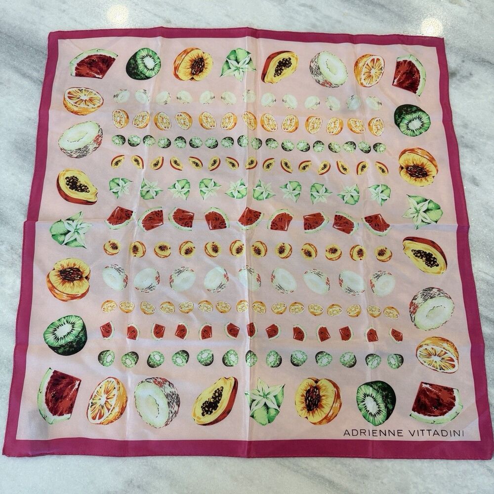Adrienne Vittadini Silk Scarf Square Fruit Print Pink Colorful 21” Rolled Edges